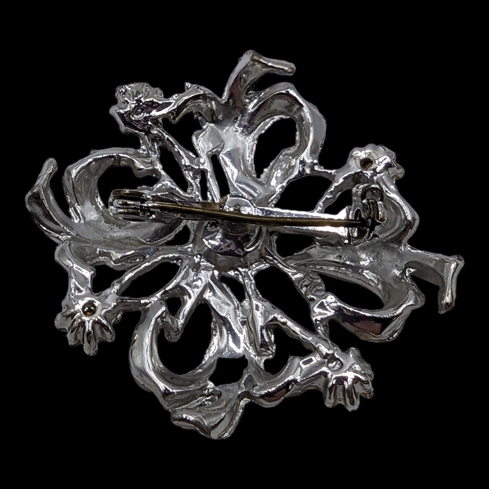 Vintage Clear Rhinestone Silver Tone Flower Ribbon Brooch Pin Estate Statement - Picture 4 of 6